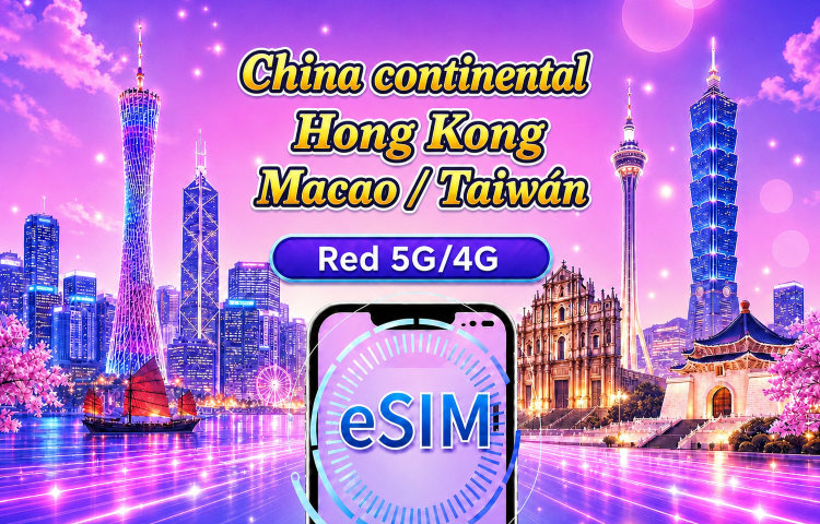 China Continental/Hong Kong/Macao/Taiwán | eSIM 5G | Pase diario/Paquete total | 24H | 1-30 días | Código QR