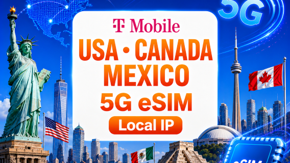 5G eSIM für die USA, Kanada und Mexiko | Lokale IP-Adresse von T-Mobile (USA) | Speicherplatz: 2–10 GB | Laufzeit: 5–15 Tage | Anrufe in die USA, nach Kanada, Mexiko und international | Tagestarife | QR-Code