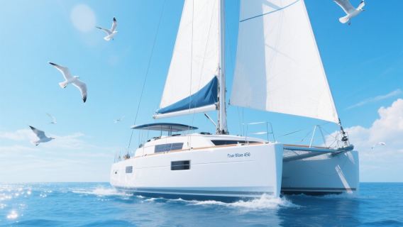 三亞遊艇出海【家庭親子遊】平穩防暈法國藍高豪華遊艇450純進口雙體帆船親子滑梯+泳池+魔毯+海釣各種娛樂