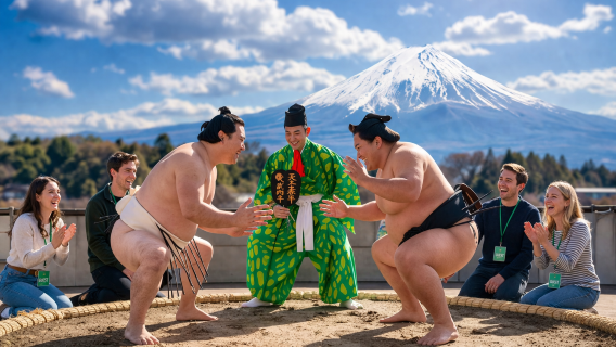 Mount Fuji 1-day tour to view grand sumo culture experience show with self-guided tour to Lake Yamanaka and Lake Kawaguchi