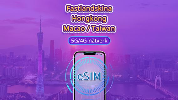 Fastlandskina/Hongkong/Macao/Taiwan | 5G/4G eSIM | Daglig förbrukning/datapaket | 24-timmars debitering | 1-30 dagar | QR-kod