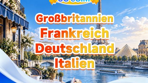 Großbritannien, Frankreich, Deutschland, Italien 5G eSIM | Multi-Netz · Unterstützt All AI & TikTok | 500 MB/Tag - Gesamtvolumen 50 GB | 1–30 Tage | 24-Stunden-Abrechnung | QR-Code