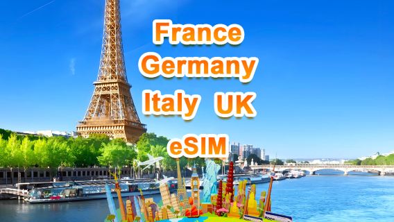 UK, France, Germany & Italy 5G eSIM | DayPass /Total | 1-30 days | QR code