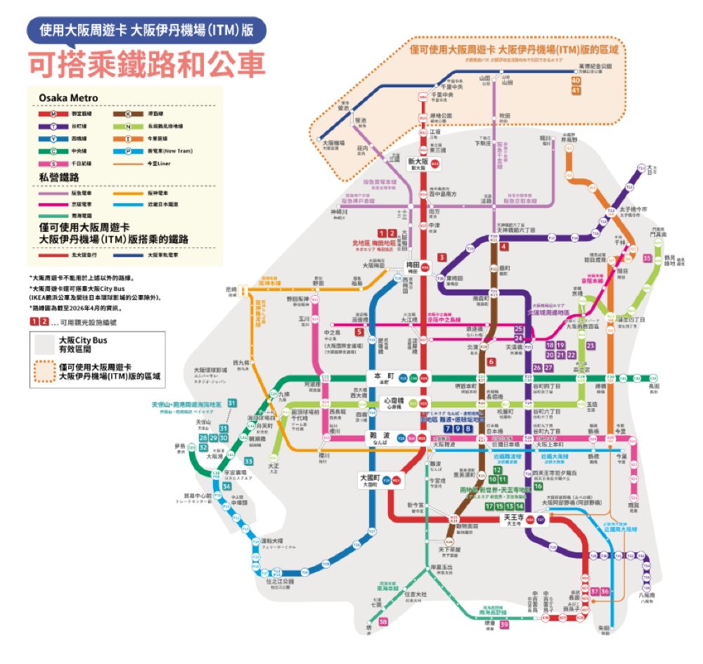 大阪周遊卡可搭乘鐵路與公車路線圖，涵蓋Osaka Metro、私營鐵路及大阪City Bus有效區間