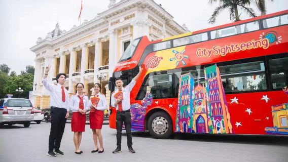 รถบัสสองชั้นเที่ยวชมฮานอยแบบขึ้นลงได้ตามใจ (วิวพาโนรามา + รถบัสสองชั้นเปิดประทุน + ขึ้นลงได้ตามต้องการ + สนุกสนานไปกับฮานอย)