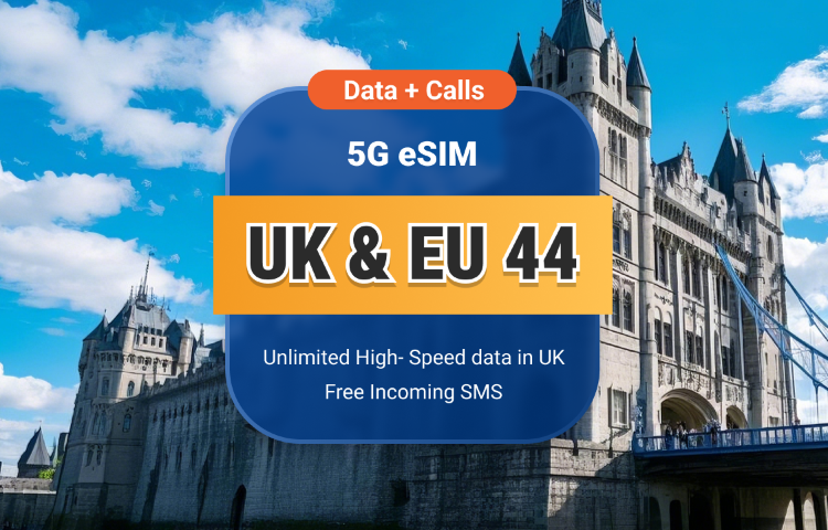 UK EE 5G eSIM+EU 44 | Unlimited Data with Calls & SMS | 15 / 30 Days | Instant QR