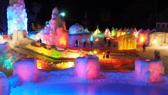 北海道支笏湖氷濤まつり半日ツアー：幻想的なライトアップ氷像を堪能