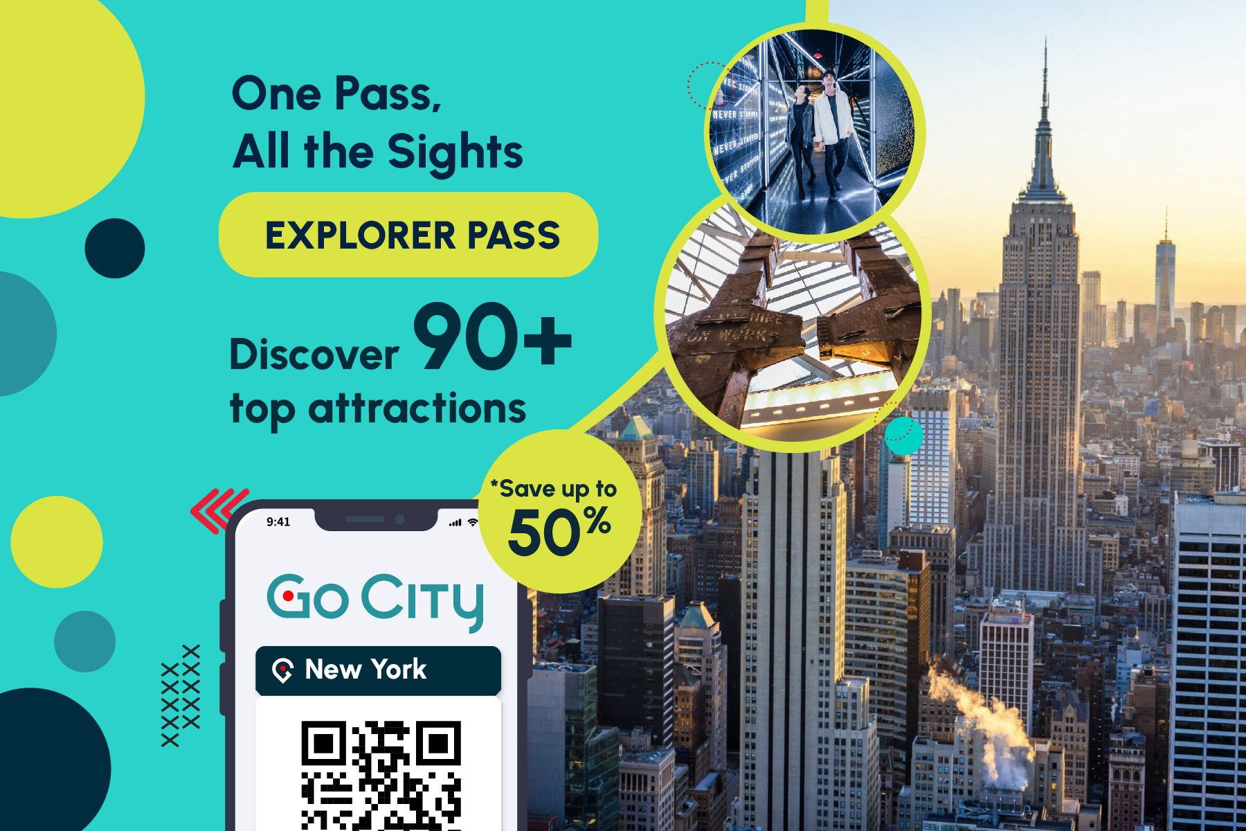 Go City ニューヨーク自選パス 【公式運営/100以上の人気観光スポット含む/エンパイア・ステート・ビル/トップ オブ ザ ロック展望台】New York Explorer Pass