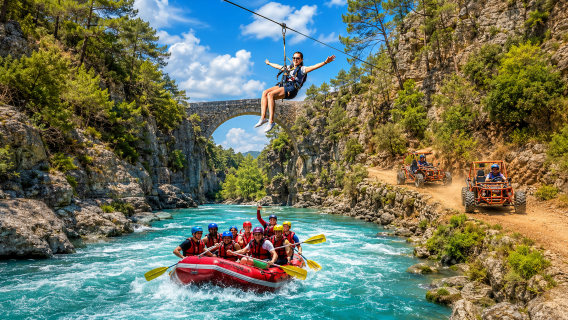 River Rafting, Ziplining, Lunch, Jeep Safari, Quad Safari & Roundtrip Transfer from Alanya