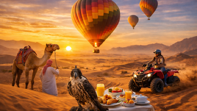 Dubai Sunrise Hot Air Balloon Ride with Camel Ride, Breakfast & Desert Experiences Options