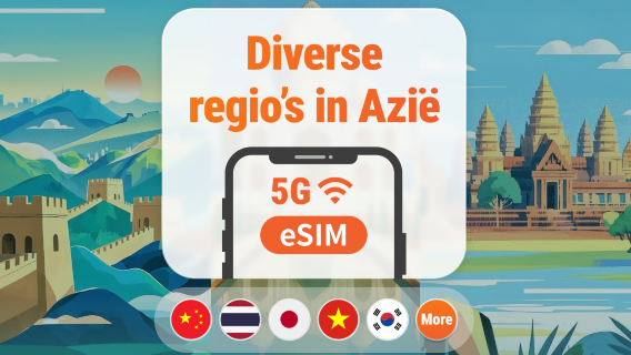 Azië 9 Bestemmingen 5G eSIM | Japan, Thailand, Vietnam, Indonesië, Korea en meer | 1–30 dagen | Directe QR-code