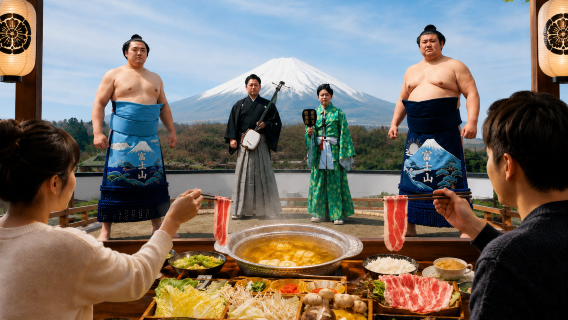 Sumo culture immersive show with yokozuna path and sumo hot pot tasting at Mount Fuji