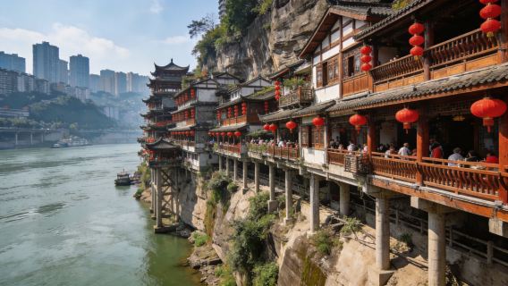 Ab 1 Person buchbar | Tagesausflug in Chongqing: Seilbahn über den Yangtze, Huixian-Turm, Porzellanstadt und Hongya-Höhlen bei Nacht