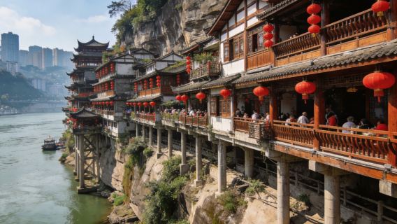Ab 1 Person buchbar | Tagesausflug in Chongqing: Seilbahn über den Yangtze, Huixian-Turm, Porzellanstadt und Hongya-Höhlen bei Nacht