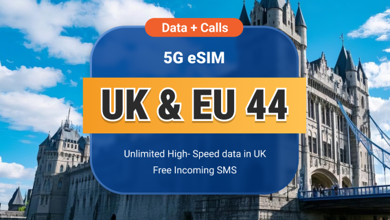 UK EE 5G eSIM+EU 44 | Unbegrenztes Datenvolumen mit Anrufen und SMS | 15 / 30 Tage | Sofortiger QR-Code