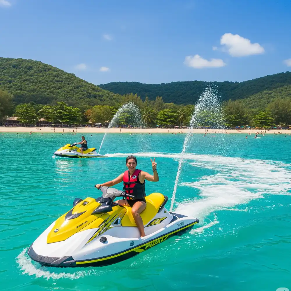 Jet ski on turquoise water at Coral Island