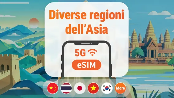 Asia 9 destinazioni 5G eSIM | Giappone, Thailandia, Vietnam, Indonesia, Corea e altro | 1–30 giorni | QR istantaneo