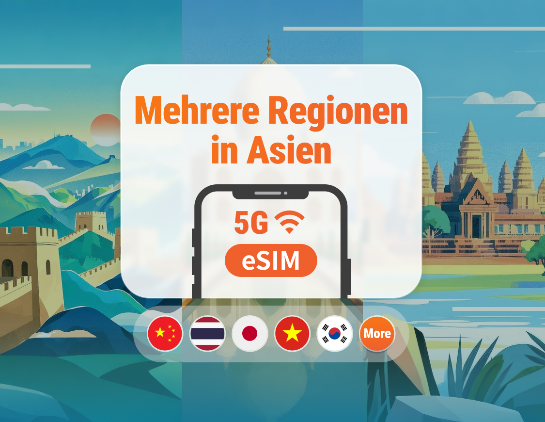 Asien 9 Reiseziele 5G eSIM | Japan, Thailand, Vietnam, Indonesien, Korea und mehr | 1–30 Tage | Sofortiger QR-Code