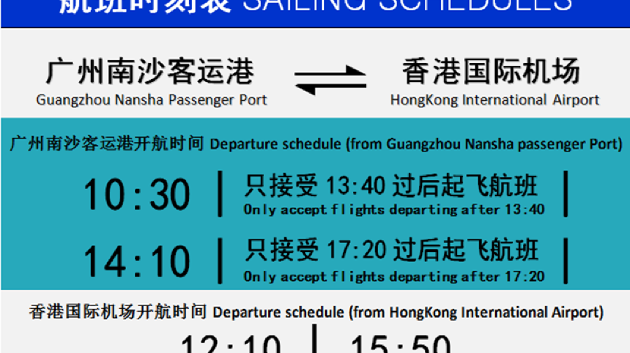 【廣州南沙港-香港機場海天碼頭】70分鐘高速直達香港機場行李直掛單程船票