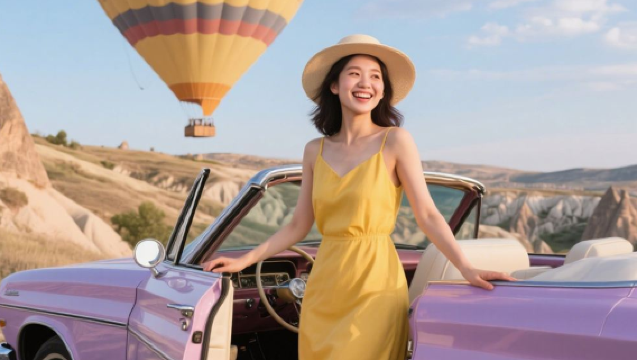 トルコ・カッパドキア ギョレメ ヴィンテージカー貸切チャーターで熱気球を追う【送迎付き+日の出・日没】