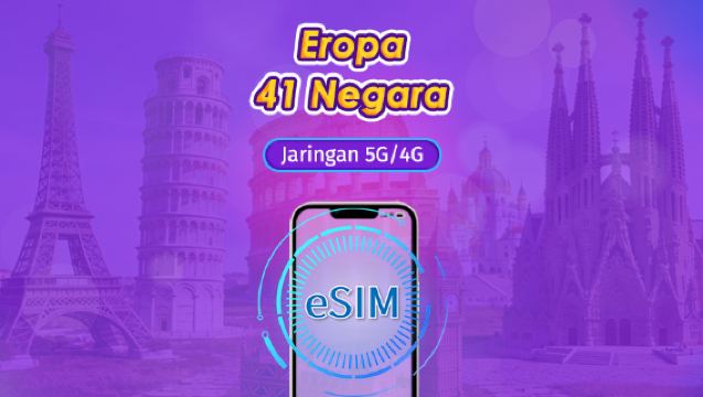 Eropa (41 negara) | eSIM 5G/4G | Paket Harian/Paket Total | Pembayaran berdasarkan hari alami | 1–90 Hari | Kode QR