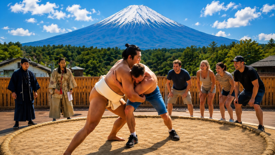 1-day tour to Mount Fuji with sumo performance experience and Japanese culture, featuring Hakone, Owakudani and Oshino Hakkai