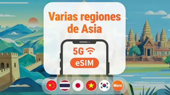 eSIM 5G para 9 destinos en Asia | Japón, Tailandia, Vietnam, Indonesia, Corea y más | 1–30 días | Código QR instantáneo