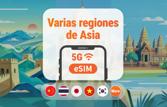 eSIM 5G para 9 destinos en Asia | Japón, Tailandia, Vietnam, Indonesia, Corea y más | 1–30 días | Código QR instantáneo