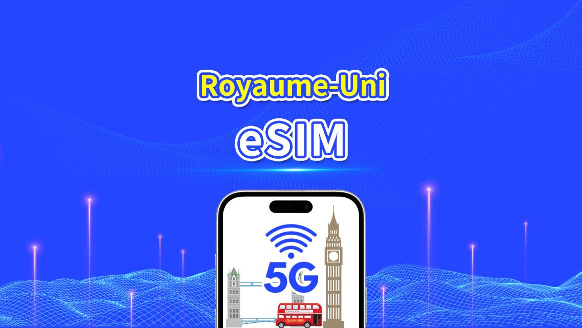 eSIM Royaume-Uni | 5G/4G | Forfait données quotidien/total | 1–30 jours | Facturation sur 24 heures | Code QR