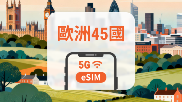 歐洲45通用 5G eSIM｜無限高速流量+通話+簡訊｜15/30天可選｜即買即用｜QR Code