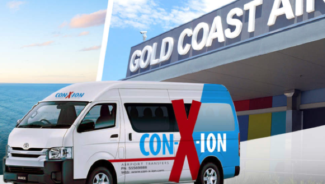Round-trip transfers to Gold Coast theme parks including Sea World, Fantasyland, Movie World, and Wet'n'Wild