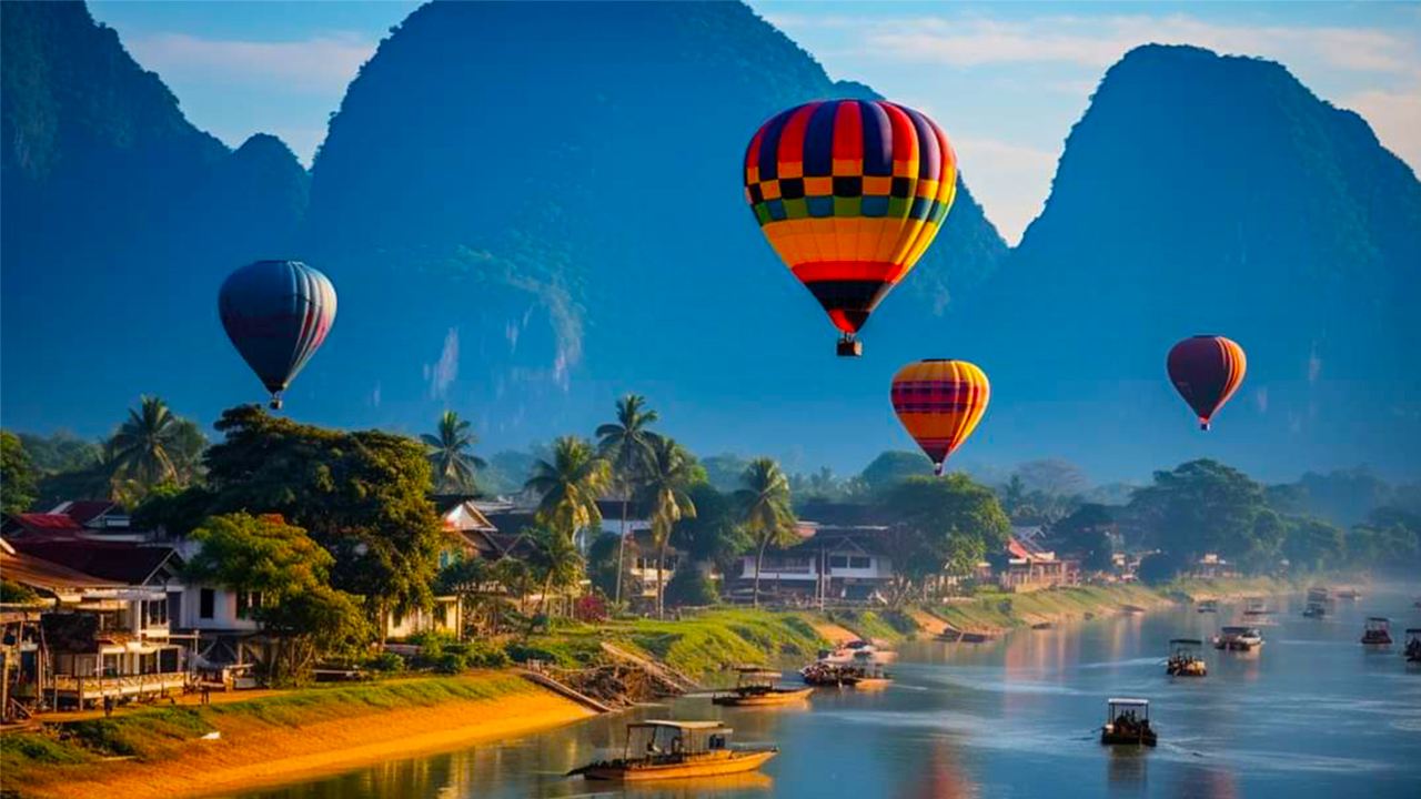 Laos Vang Vieng: 30-minute hot air balloon ride (sunset or sunrise) + kayaking experience