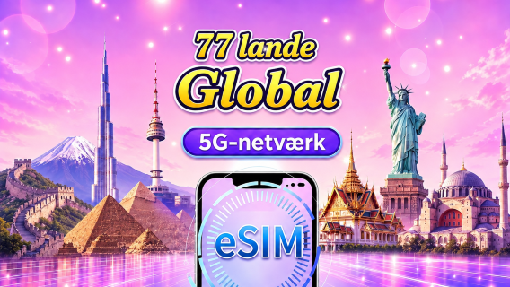 Global eSIM (77 lande) 5G/4G | Understøtter Google Maps/TikTok/ChatGPT | Samlet datapakke | 24-timers fakturering | 1–30 dage | QR-kode