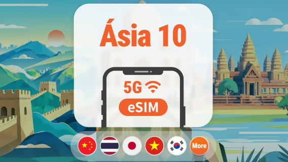 Ásia 10 Regiões 5G eSIM | Multi-Rede • Todas as IAs | 1–30 Dias | Código QR