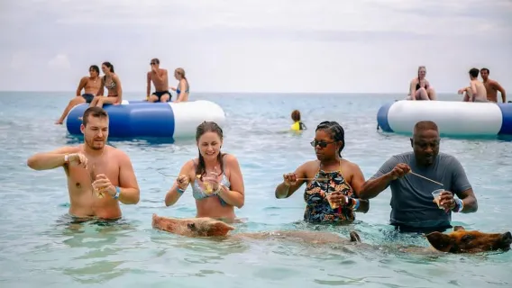 Nasáu: Los cerdos nadadores del taxi acuático Rose Island Express