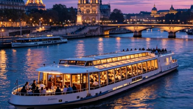 เรือกระจกชมวิวแม่น้ำแซน อาหารเย็นแบบฝรั่งเศส 3 คอร์ส | ทัวร์กลางคืนหอไอเฟล พิพิธภัณฑ์ลูฟร์ และนอเทรอดาม
