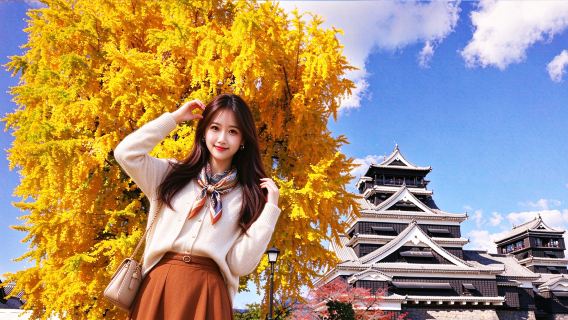 일본 규슈의 구마모토 성, 아소 산, 구사센리, 그리고 미나미아소 철도를 방문하는 당일 여행.