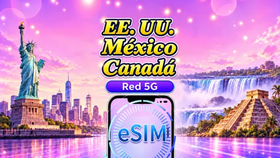 eSIM 5G para EE. UU./Canadá/México | Compatible con Google Maps y TikTok | Paquetes diarios y de datos | Facturación por día natural | 1–90 días | Código QR