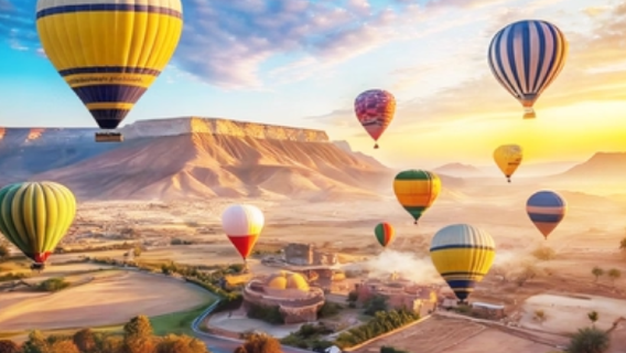 balon udara di atas Lembah Para Raja, Kuil Karnak, Sungai Nil, dan Kuil Ratu di Luxor, Mesir, menawarkan pemandangan matahari terbit.