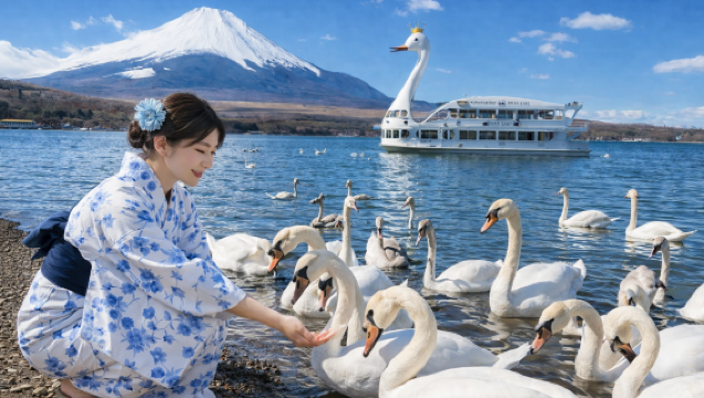Hari Mewah di Gunung Fuji | Koleksi Elegan Kimono × Teh Bunga Lilin Gunung Fuji × Pengalaman Menonton Sumo | Latar Belakang Wajib untuk Foto Premium dengan Angsa di Danau Yamanaka