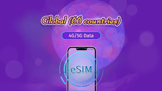 Global (66 países) | eSIM 5G/4G | Paquete total | Facturación cada 24 horas | 1-7 días | Código QR