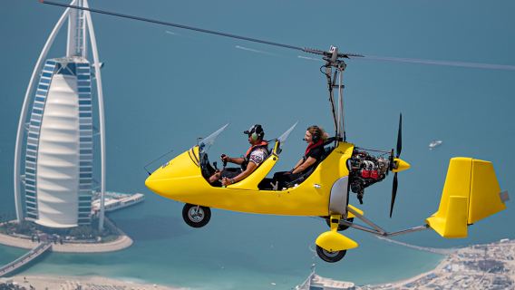 [Gyrocopter Dubái - Reserva oficial] Base de Skydive en la Isla Palmera - Visita turística aérea de 360 grados en girocóptero - 1 piloto y 1 pasajero - Incluye vídeo y fotos