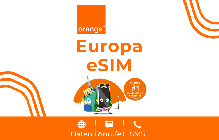 Europa Orange 4G eSIM | Anrufe + SMS | Französische Telefonnummer | Abrechnung rund um die Uhr | QR-Code