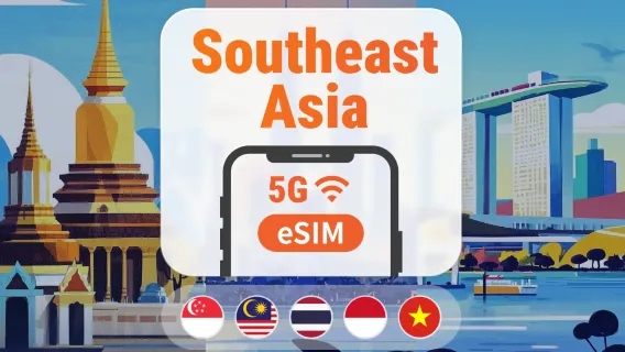 Sudeste Asiático 5 Destinos eSIM 5G | Singapur, Malasia, Tailandia, Vietnam, Indonesia | 1–30 días | Código QR instantáneo