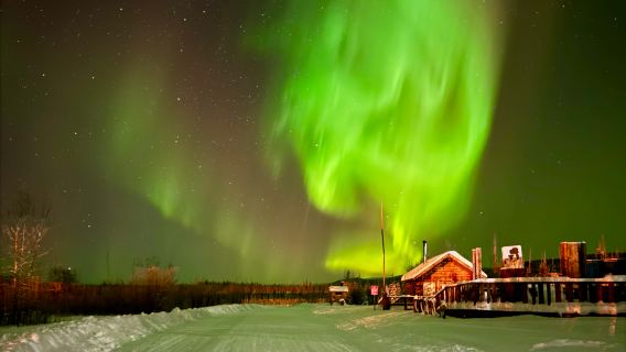 Persiguiendo la aurora en el campo de Birch Hill, Fairbanks, Alaska, Estados Unidos