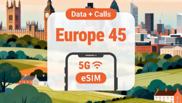 eSIM 5G do Reino Unido + 44 países europeus cobertos | Dados ilimitados em alta velocidade + chamadas + SMS | Opções de 15 dias/30 dias | Código QR