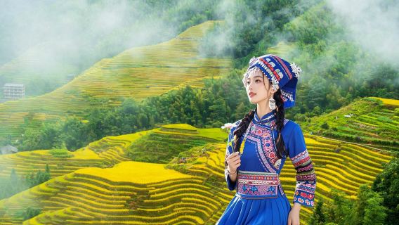 Excursion d'une journée aux rizières en terrasses de Longji à Longsheng, Guilin – Randonnée à travers les rizières de Jinkeng Dazhai; plateformes d'observation du Pic du Bouddha d'Or, de Xishan Shaoyue et de l'Échelle céleste aux mille marches; chauffeurs multilingues (chinois/anglais/français) + Prise en charge et retour à l'hôtel en centre-ville de Guilin