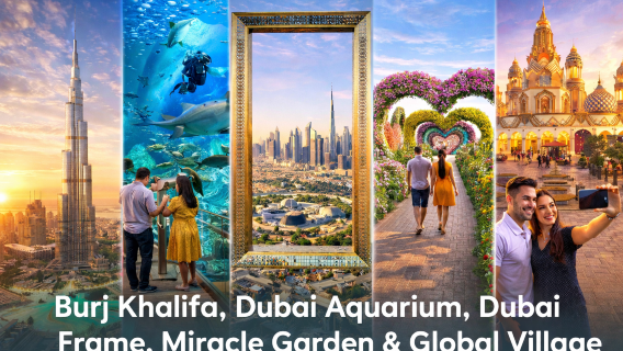 Dubai 5-in-1 City Tour: Burj Khalifa, Dubai Aquarium, Dubai Frame, Miracle Garden & Global Village