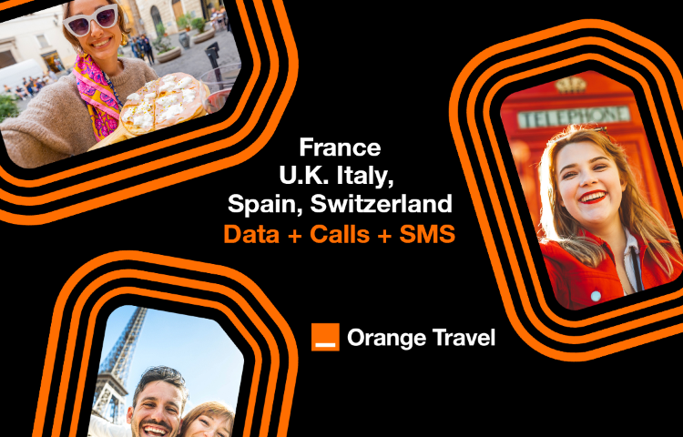 France-Spain-UK-Italy-Switzerland Orange Travel 4G/5G eSIM | Data/Calls/SMS | 20GB/50GB/100GB |