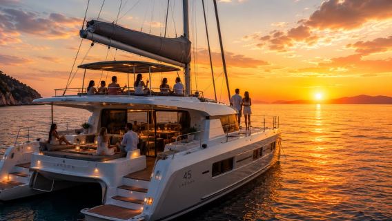 Rhodes: Sunset Catamaran Cruise with Snack, Fruits & Drinks